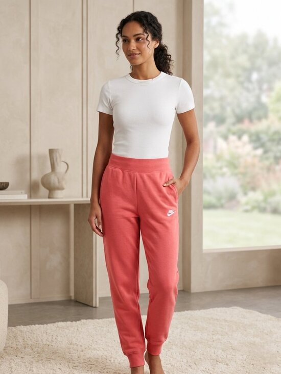 Pants - Nike Sportswear Fleece High-Rise Jogger Sweatpants - Pink / Coral - Size Small